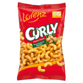 A red bag of Lorenz - Curly Corn Snack Peanut Classic (120g), a crunchy peanut-flavored snack with images of the treats and peanuts on the front.